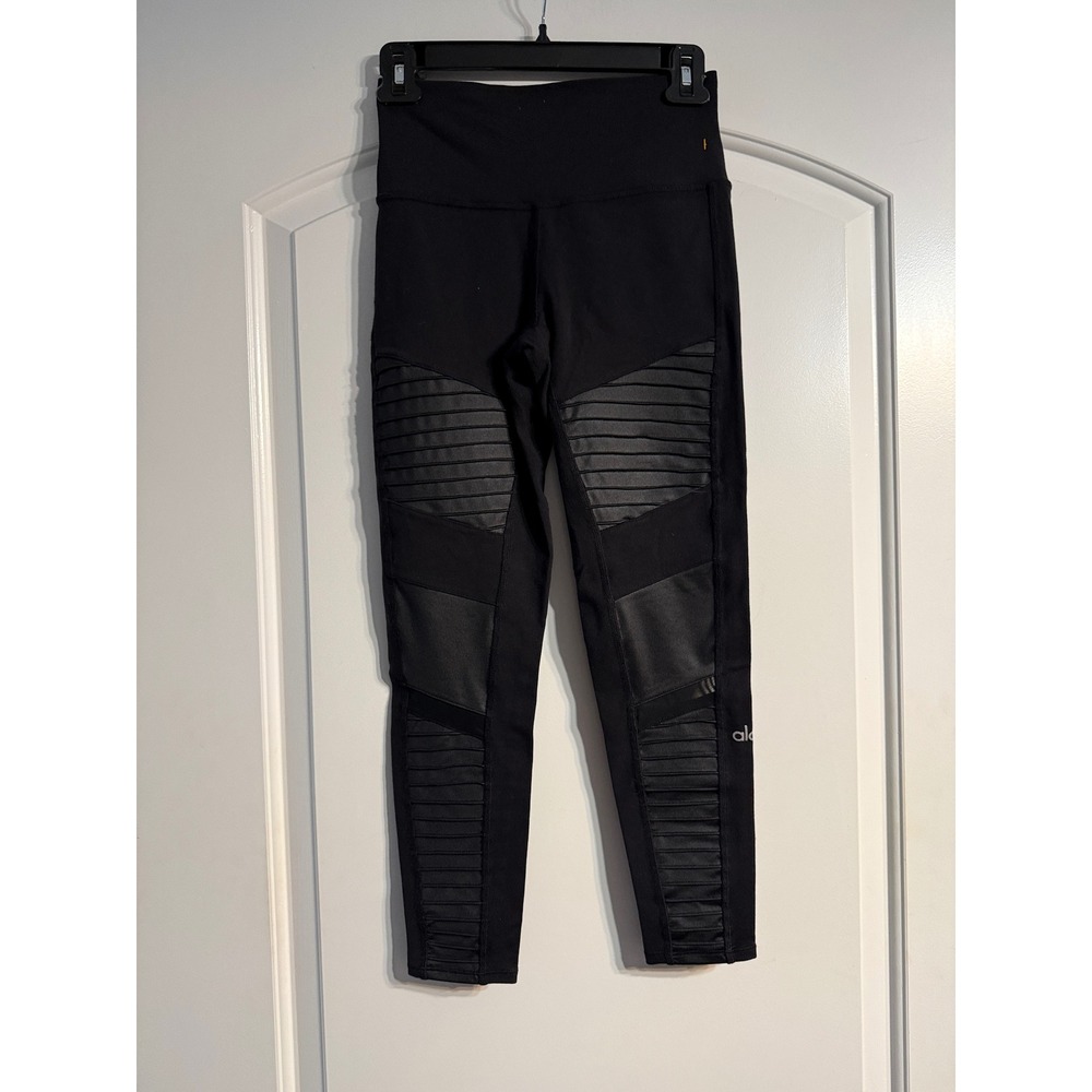 Alo Yoga Moto Leggings Size XS Black High Rise Mixed Media Gothleisure Edgy